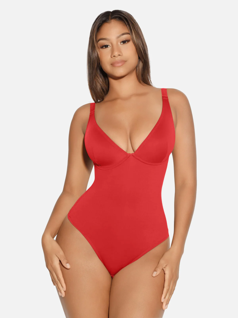 Feelingirl V Neck Tummy Control Thong Bodysuit
